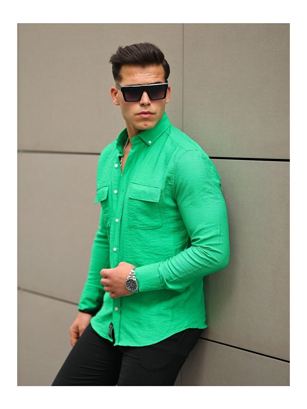 Yeşil Erkek A Kalite Keten Slim Fit Uzun Kol Çift Kapaklı Gömlek-2