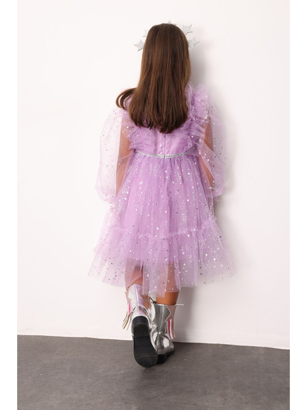 Lila Omzu Fırfır Detaylı Yıldızlı Kız Çocuk Elbise - Stella-2