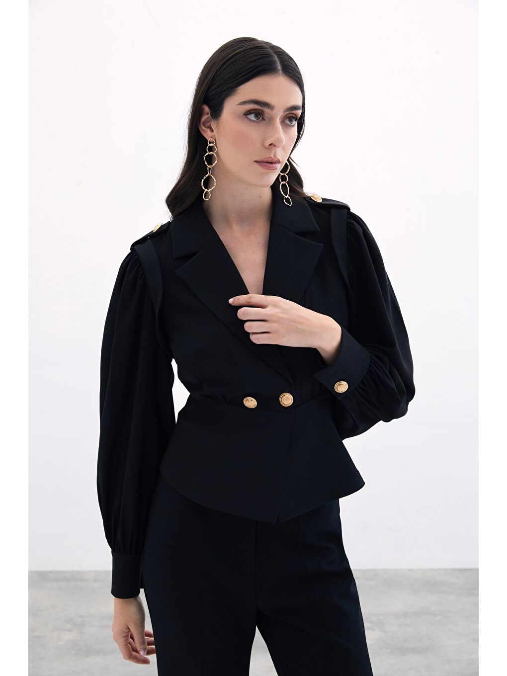 Kruvaze Kısa Ceket - Siyah-5