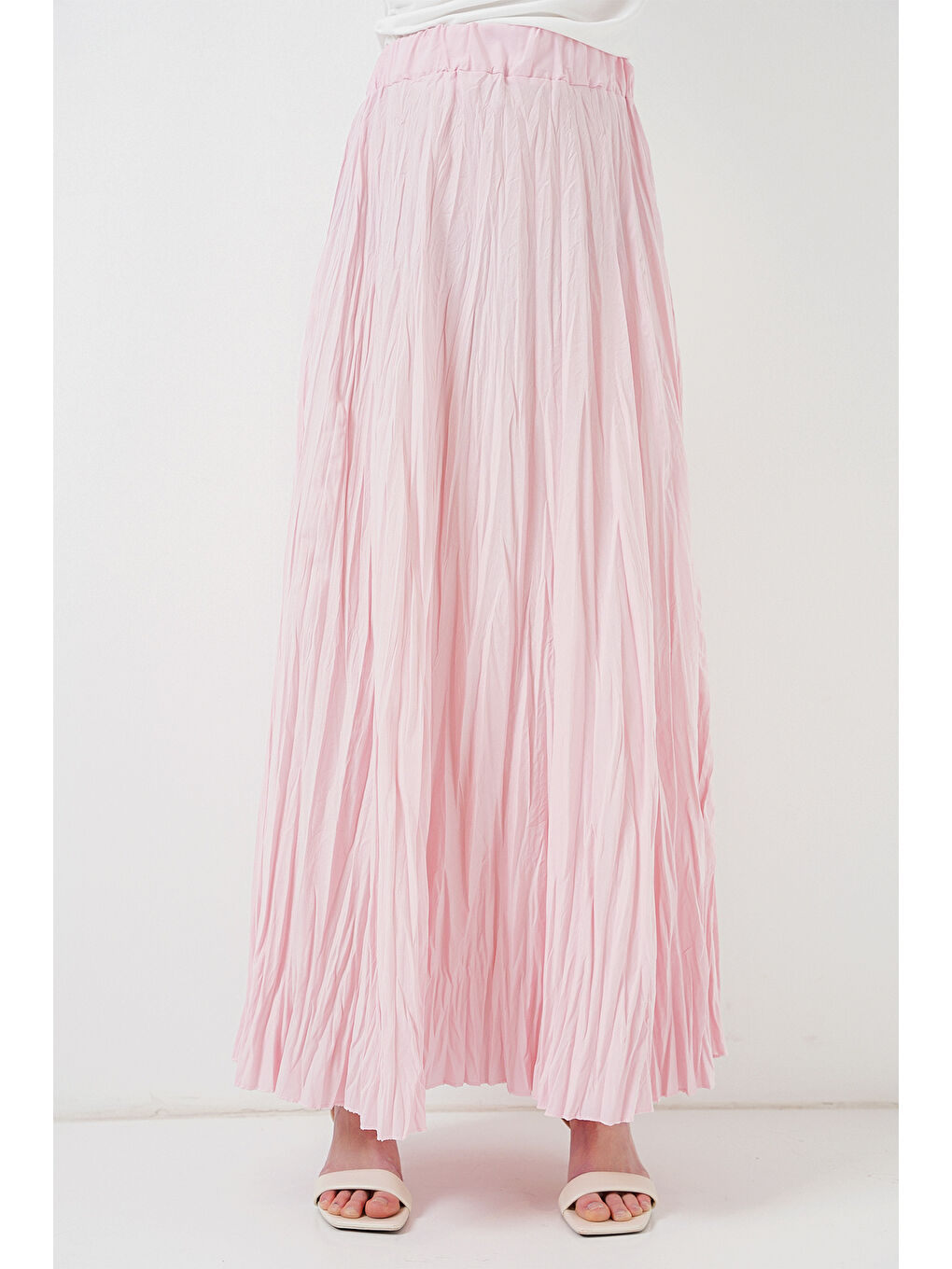 Pembe Kadın Uzun Kırışık Etek 8042 - Pudra-1