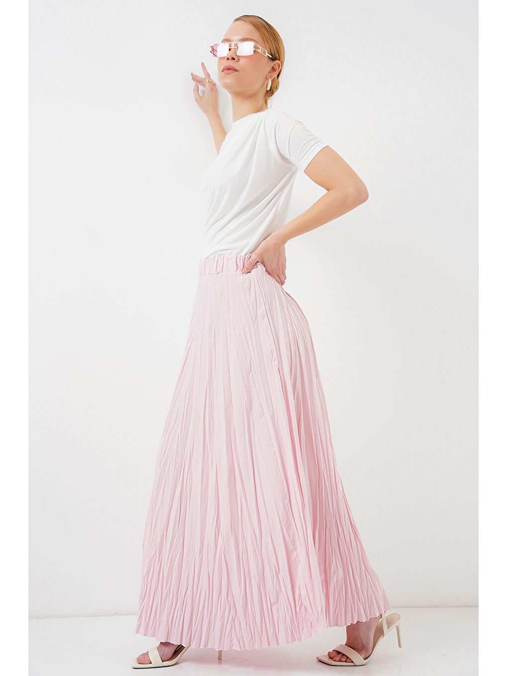 Pembe Kadın Uzun Kırışık Etek 8042 - Pudra-2