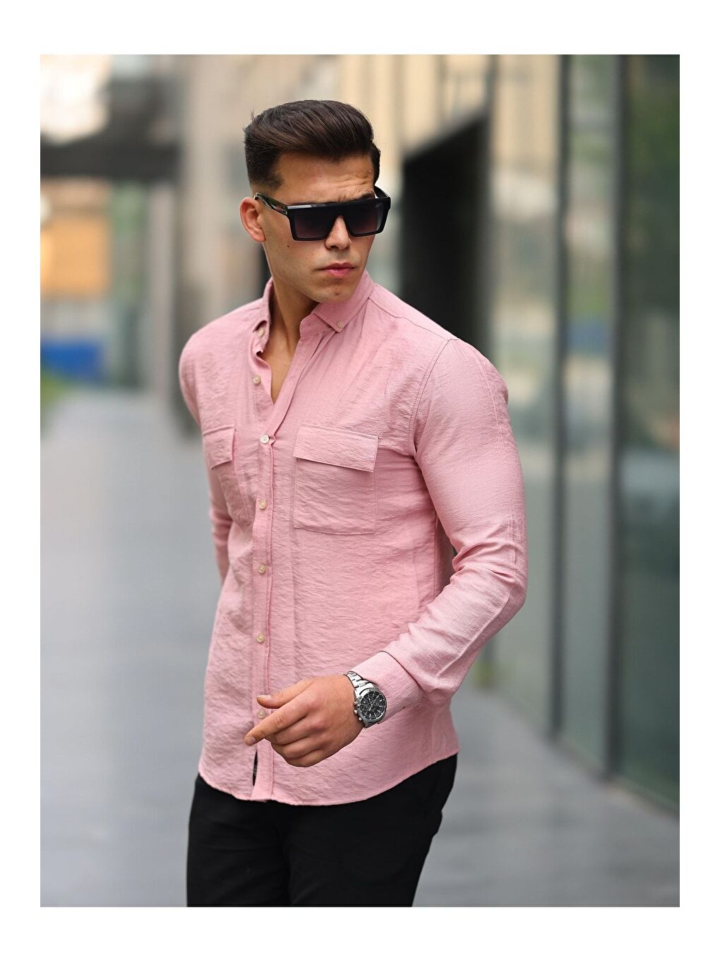 Pembe Erkek A Kalite Keten Slim Fit Uzun Kol Çift Kapaklı Gömlek-2