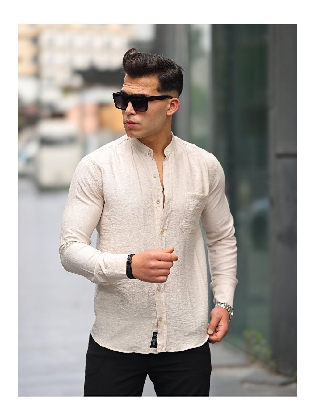 Bej Erkek A Kalite Keten Slim Fit Kapaksız Hakim Yaka Uzun Kol Gömlek