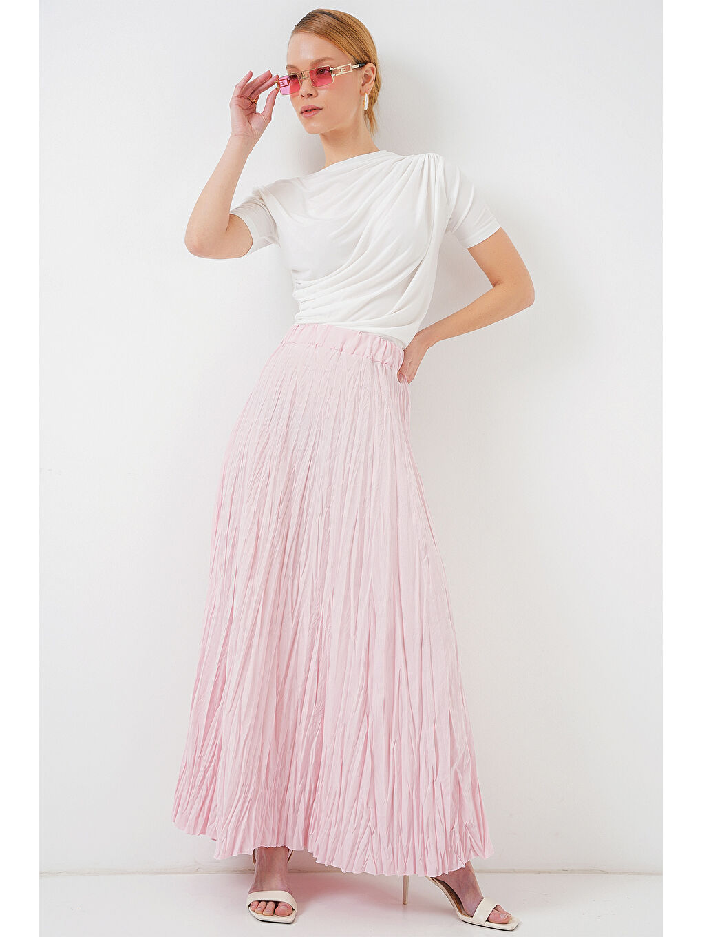 Pembe Kadın Uzun Kırışık Etek 8042 - Pudra-3