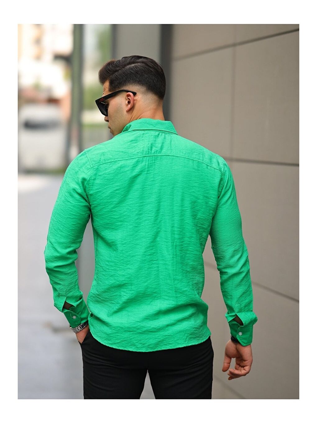 Yeşil Erkek A Kalite Keten Slim Fit Uzun Kol Çift Kapaklı Gömlek-3