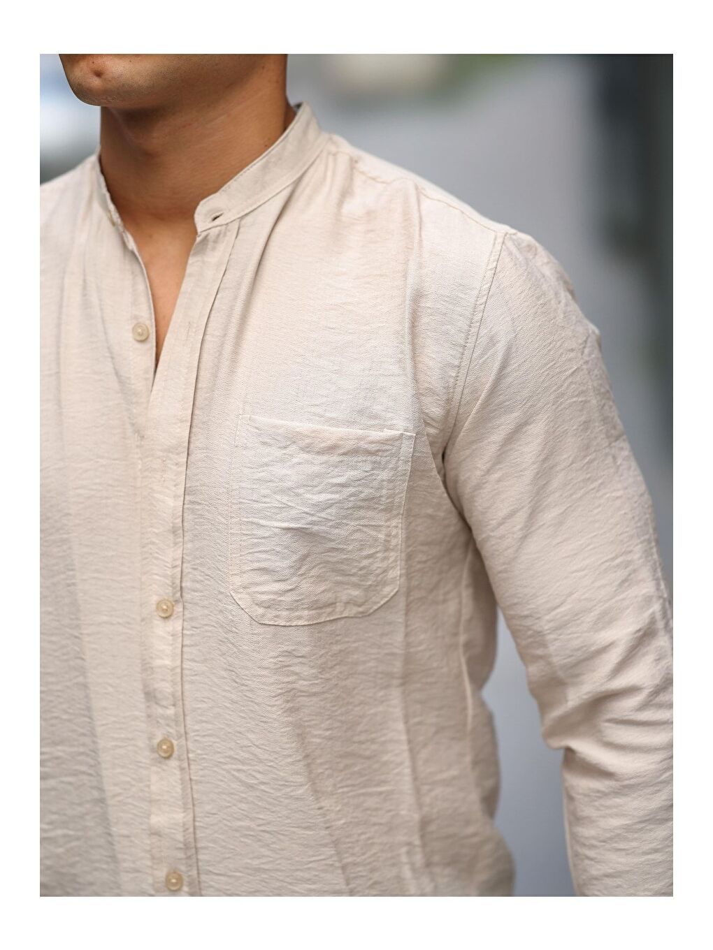 Bej Erkek A Kalite Keten Slim Fit Kapaksız Hakim Yaka Uzun Kol Gömlek-1