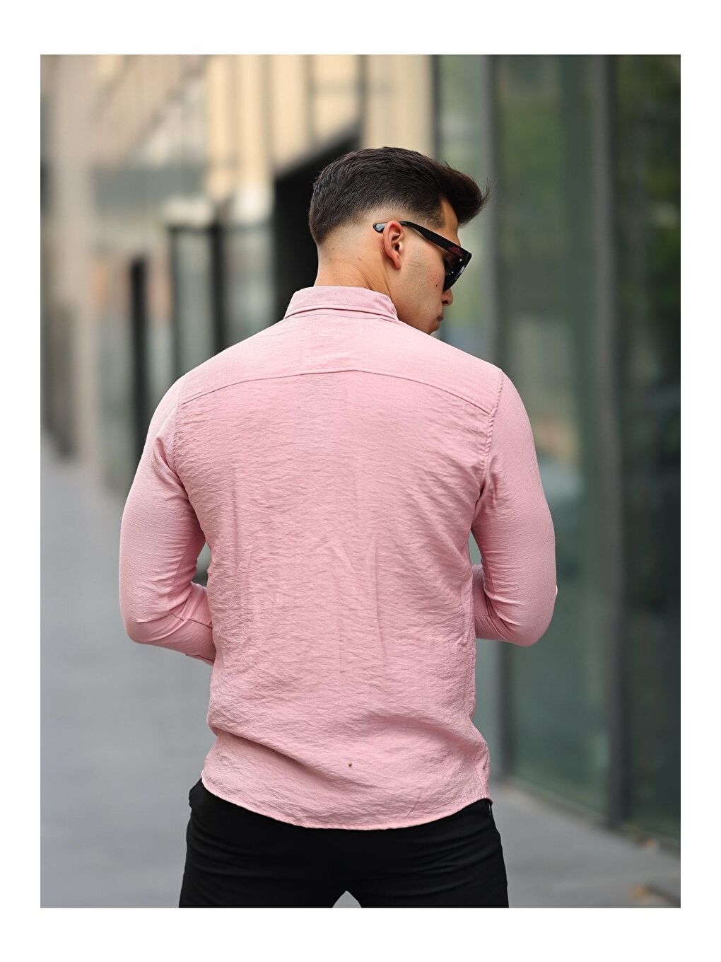 Pembe Erkek A Kalite Keten Slim Fit Uzun Kol Çift Kapaklı Gömlek-3