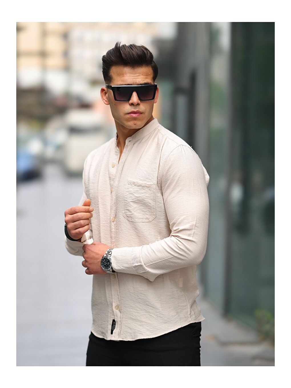 Bej Erkek A Kalite Keten Slim Fit Kapaksız Hakim Yaka Uzun Kol Gömlek-2