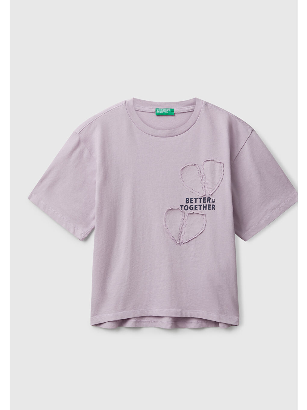 Kız Çocuk Lila Önü Baskılı Aplikeli Ribana Yakalı Relaxed Fit T-shirt