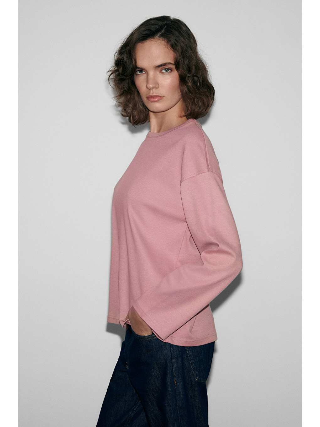 Neat Kadın Organik Pamuklu Bisiklet Yaka Oversize Fit Uzun Kollu Pembe T-shirt-4