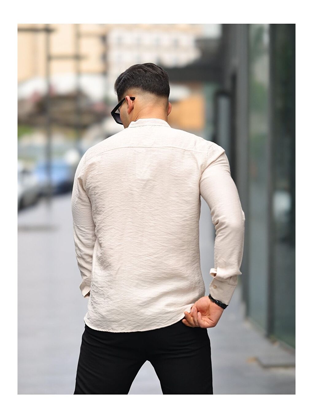 Bej Erkek A Kalite Keten Slim Fit Kapaksız Hakim Yaka Uzun Kol Gömlek-3