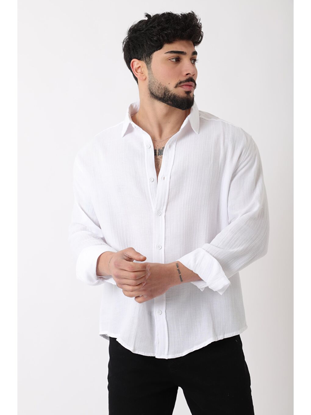 Beyaz Uzun Kol Keten Gömlek BLD 7040_40368