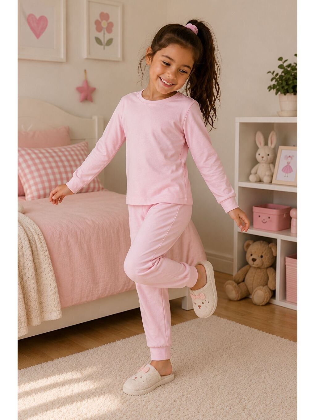 Pembe Soft Pink %100 Pamuk Basic Kız Çocuk Pijama Takımı-1