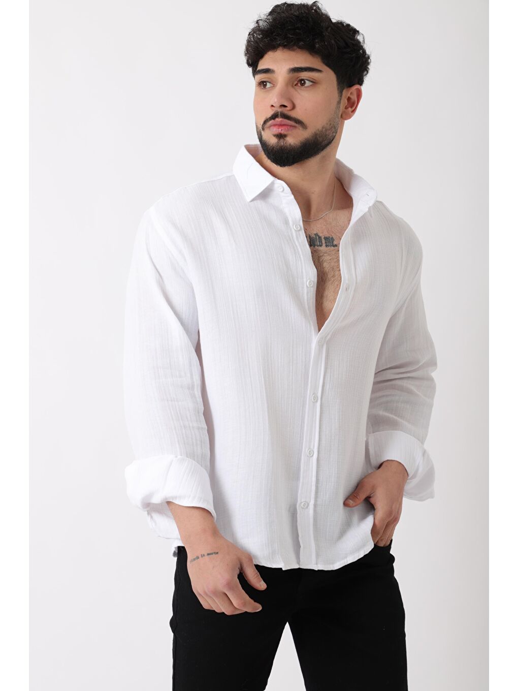 Beyaz Uzun Kol Keten Gömlek BLD 7040_40368-1
