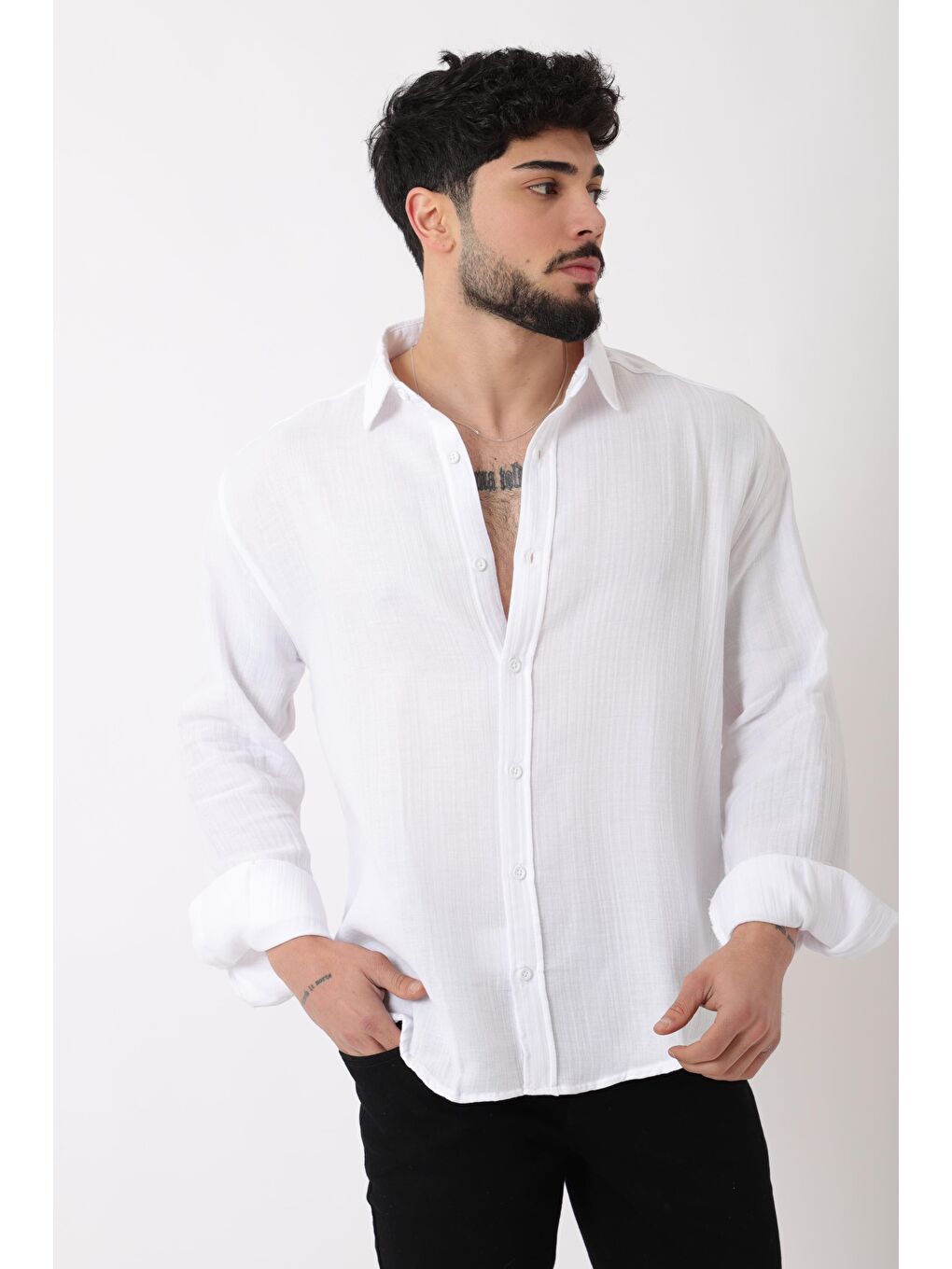 Beyaz Uzun Kol Keten Gömlek BLD 7040_40368-2