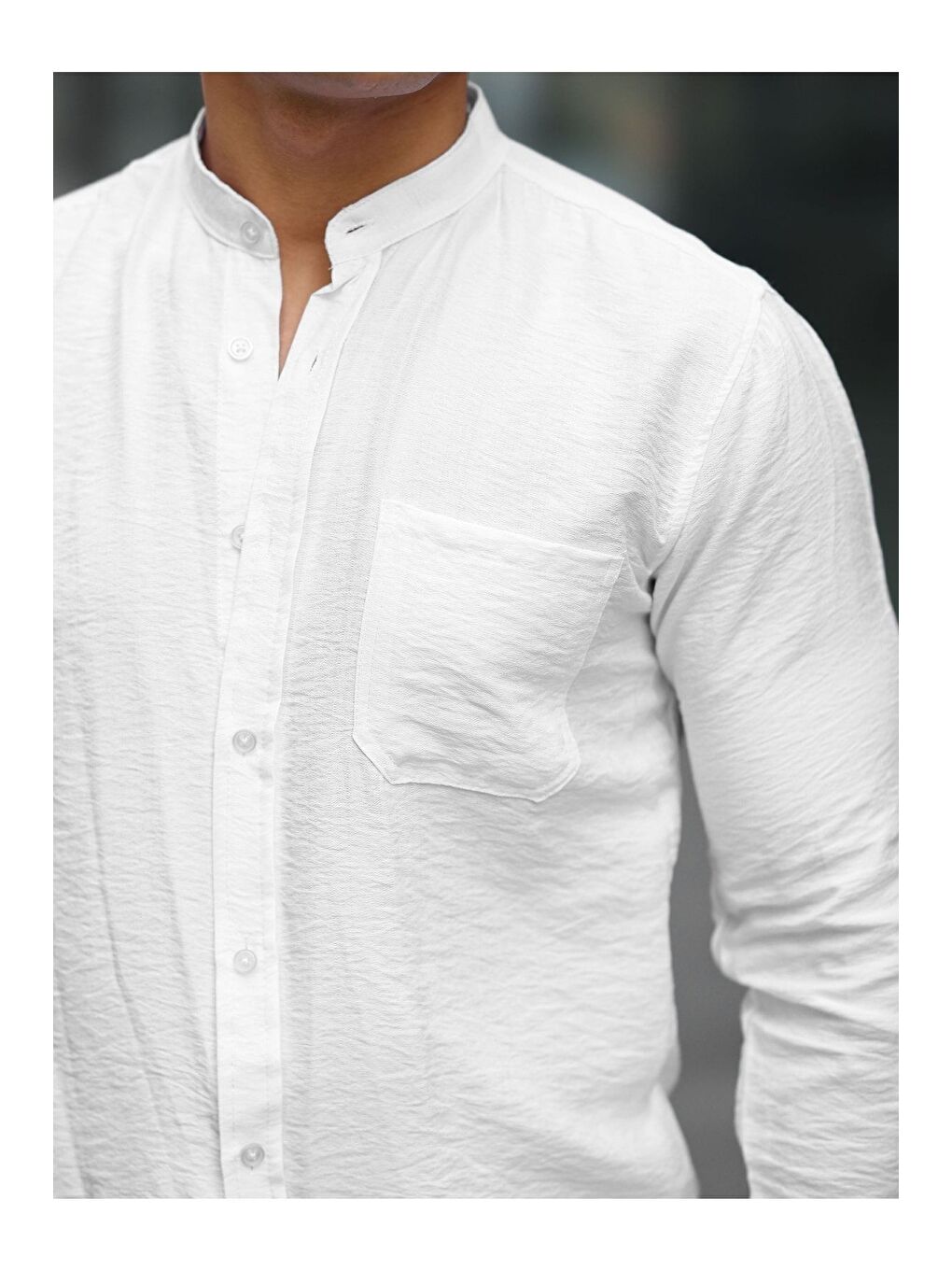 Beyaz Erkek A Kalite Keten Slim Fit Kapaksız Hakim Yaka Uzun Kol Gömlek-1