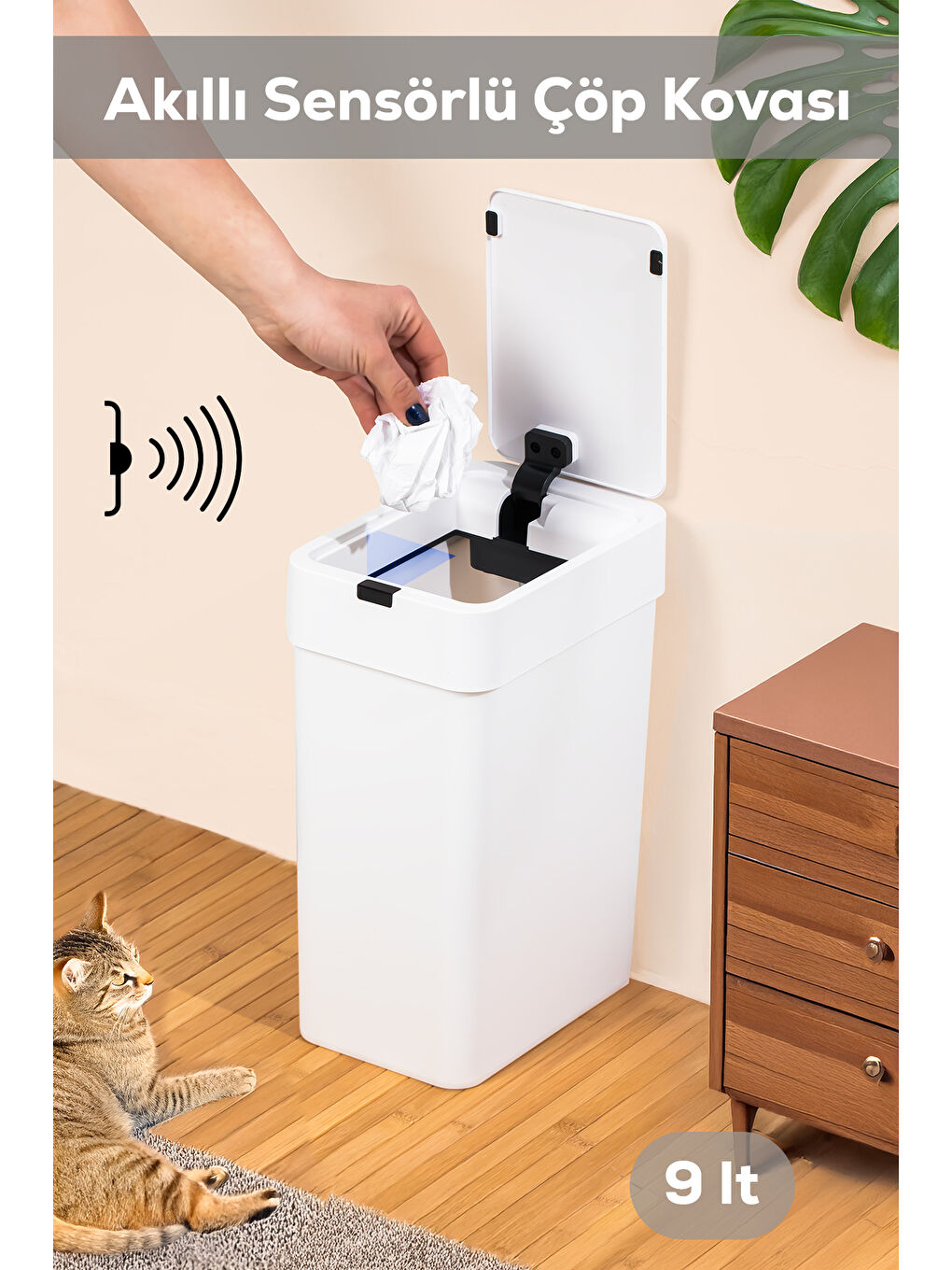 Beyaz Me-06 Hareket Sensörlü Sessiz Kapatma Çöp Kutusu Banyo Mutfak Banyo Çöp Kovası 2 adet AA Pil 9LT-4