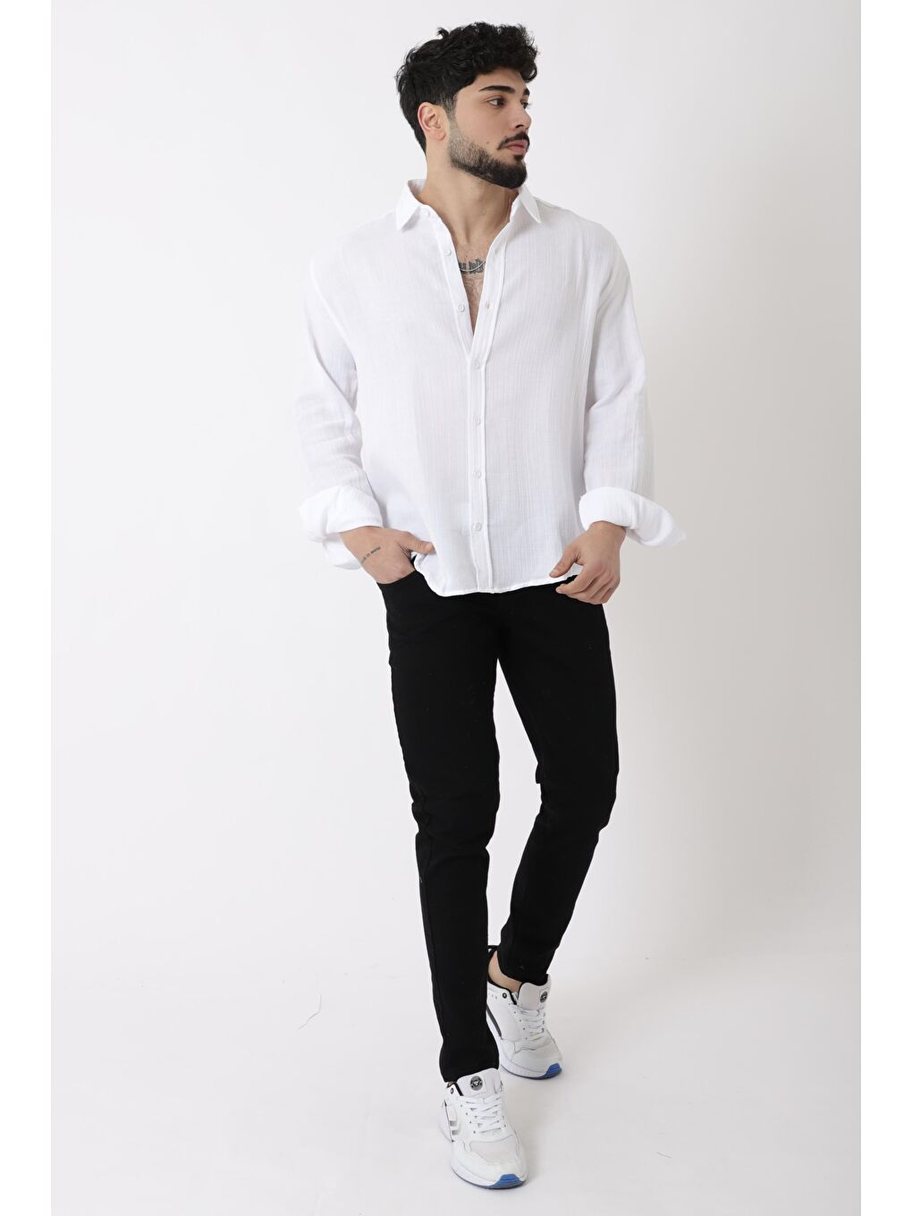 Beyaz Uzun Kol Keten Gömlek BLD 7040_40368-3