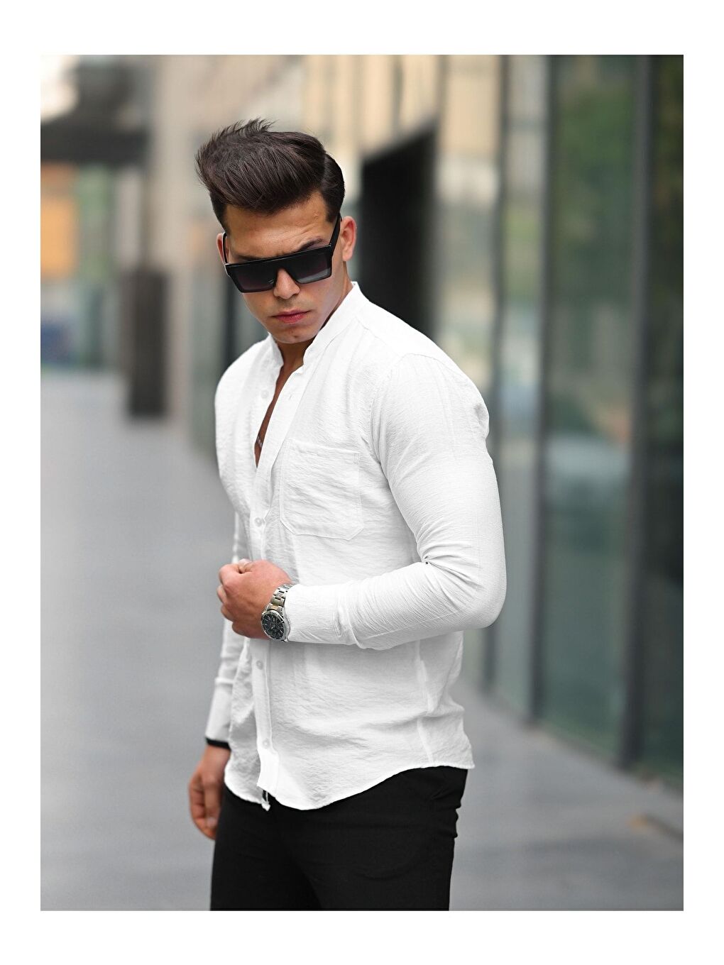 Beyaz Erkek A Kalite Keten Slim Fit Kapaksız Hakim Yaka Uzun Kol Gömlek-2