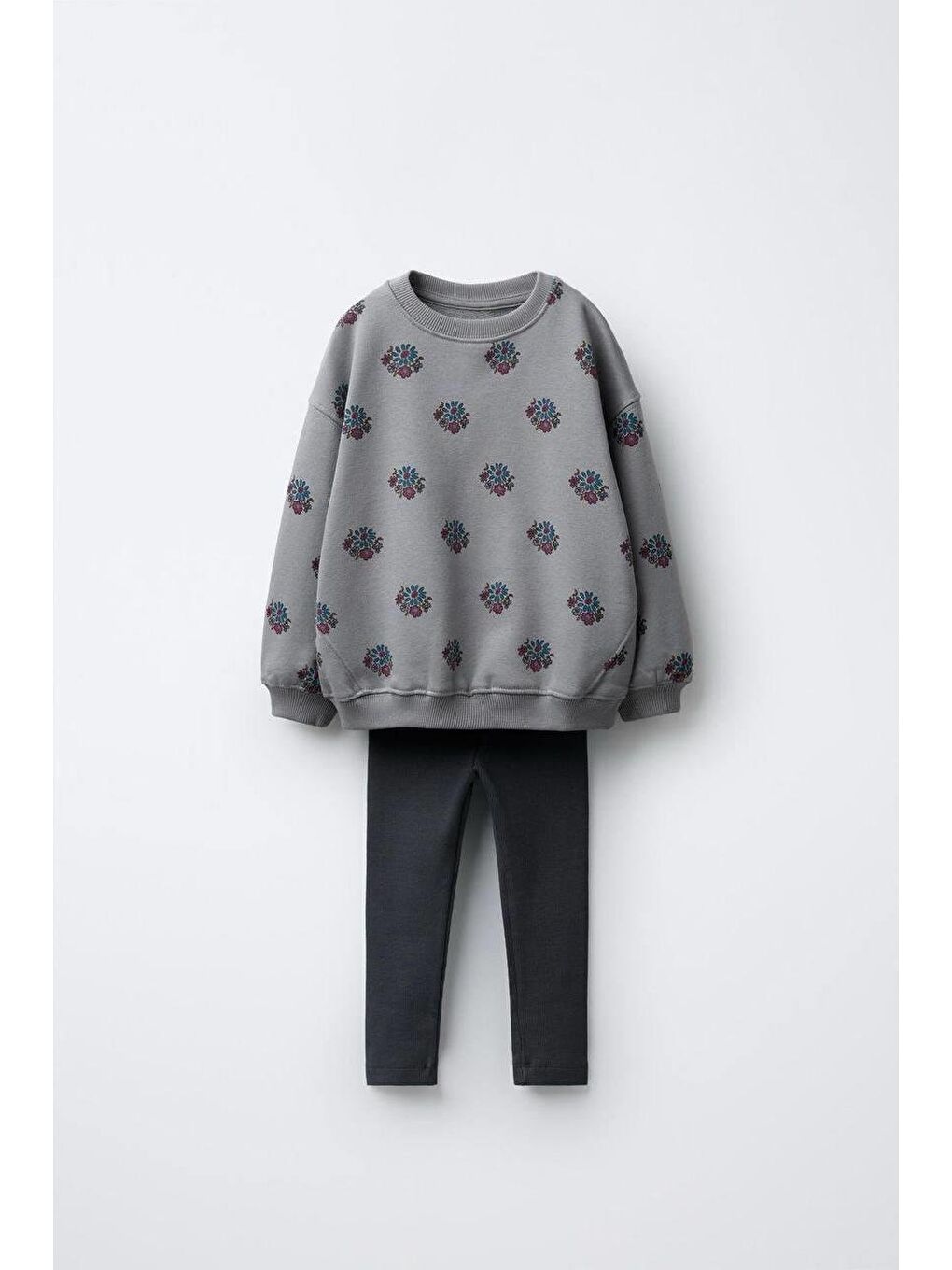 Karışık Kız Çocuk Pamuklu Gri Çiçek Desenli Sweatshirt & Tayt Takım