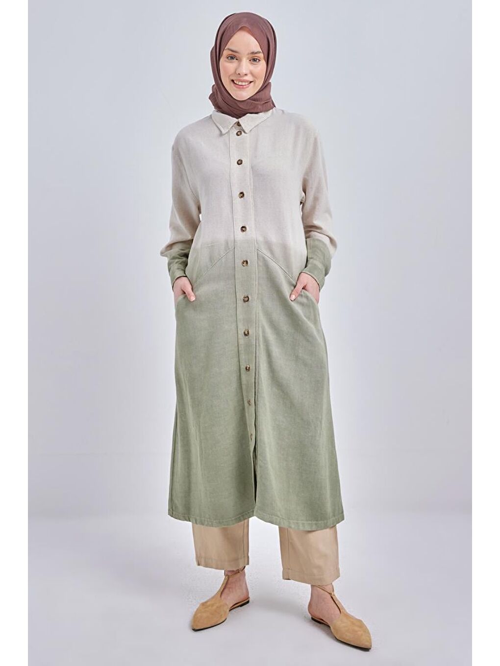 Yeşil Defne-Degrade Keten Gömlek Tunik