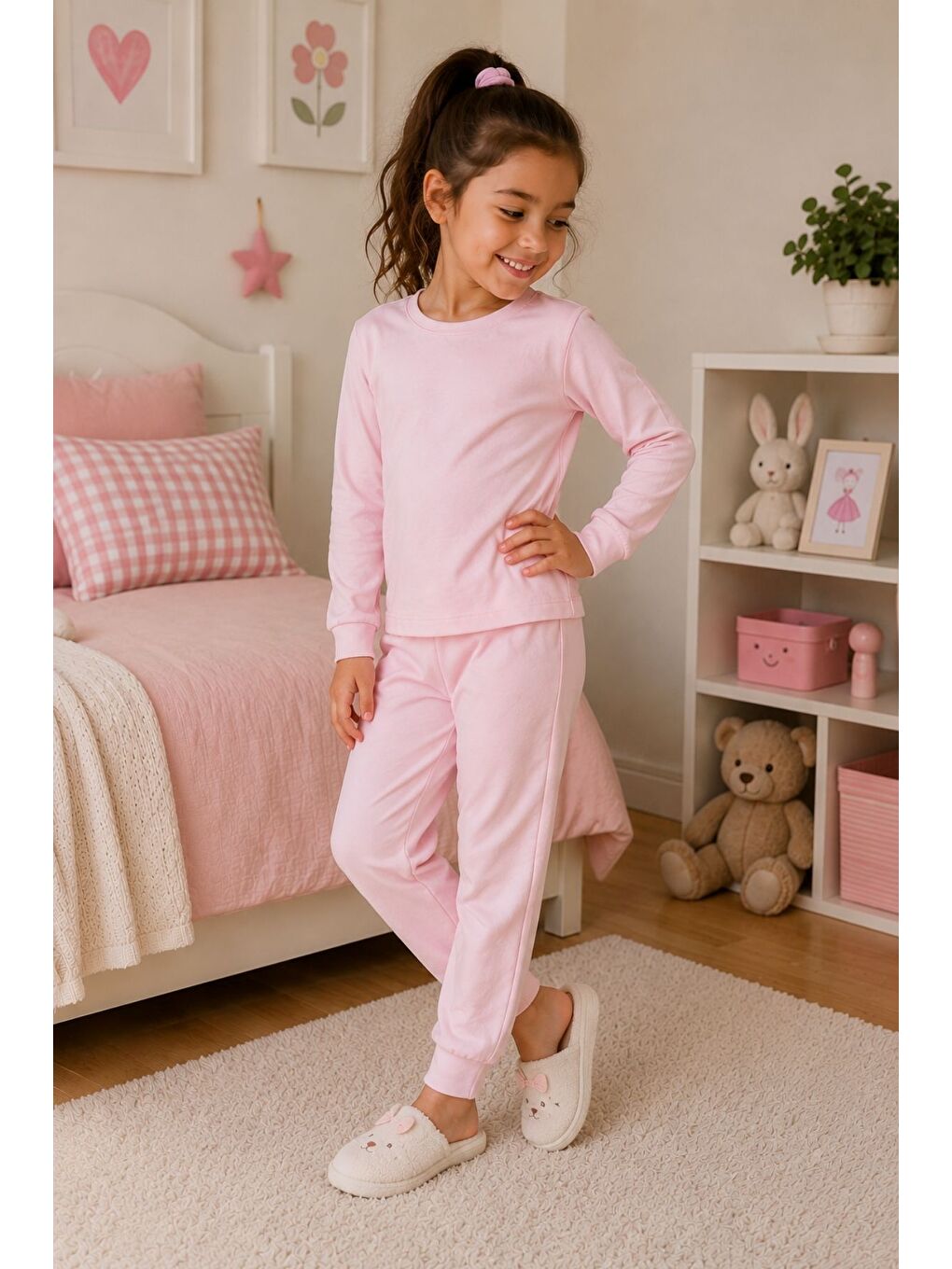Pembe Soft Pink %100 Pamuk Basic Kız Çocuk Pijama Takımı-3