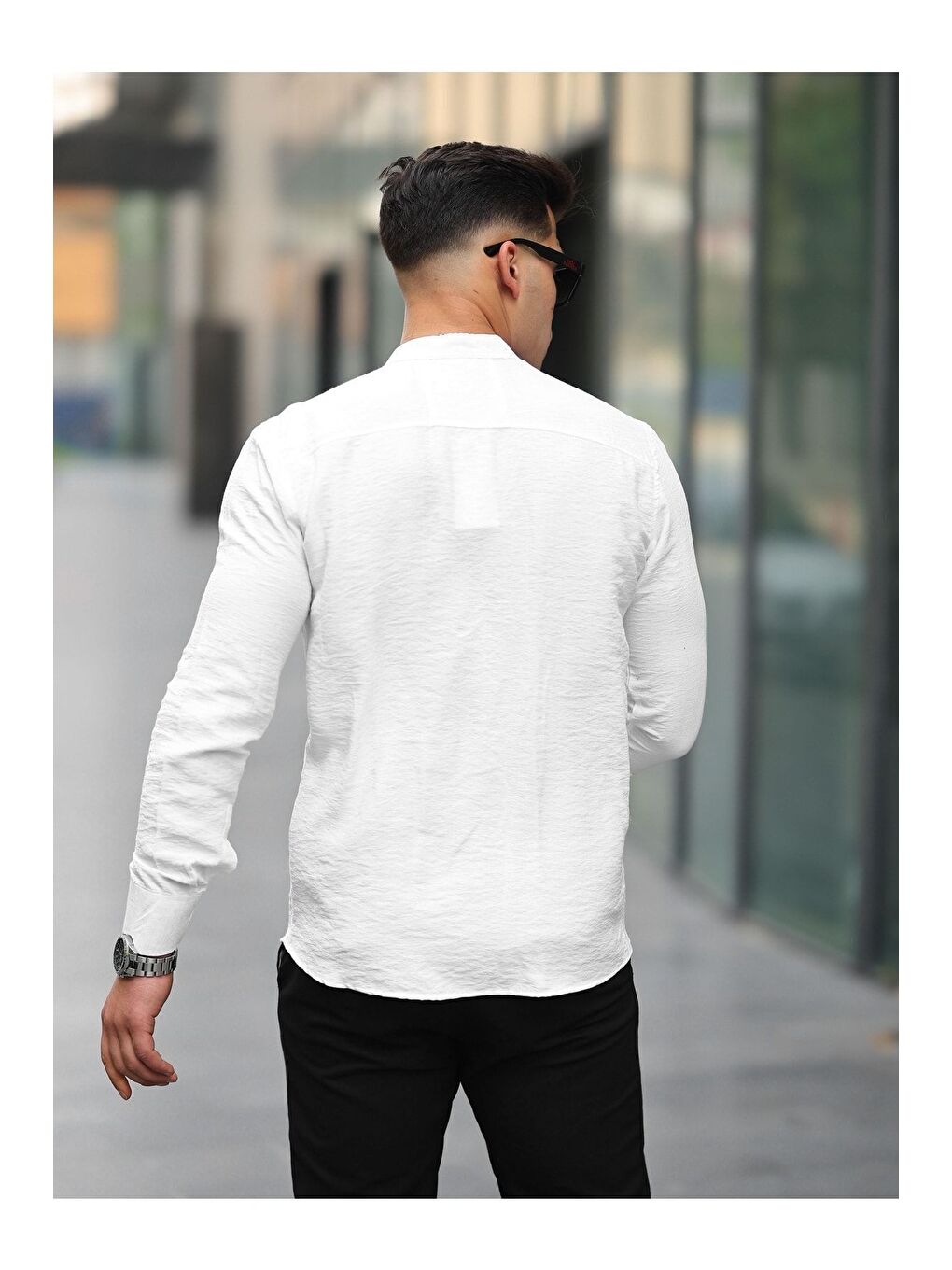 Beyaz Erkek A Kalite Keten Slim Fit Kapaksız Hakim Yaka Uzun Kol Gömlek-3