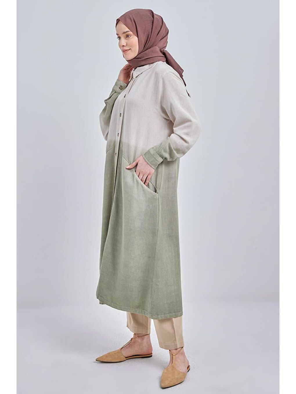 Yeşil Defne-Degrade Keten Gömlek Tunik-2