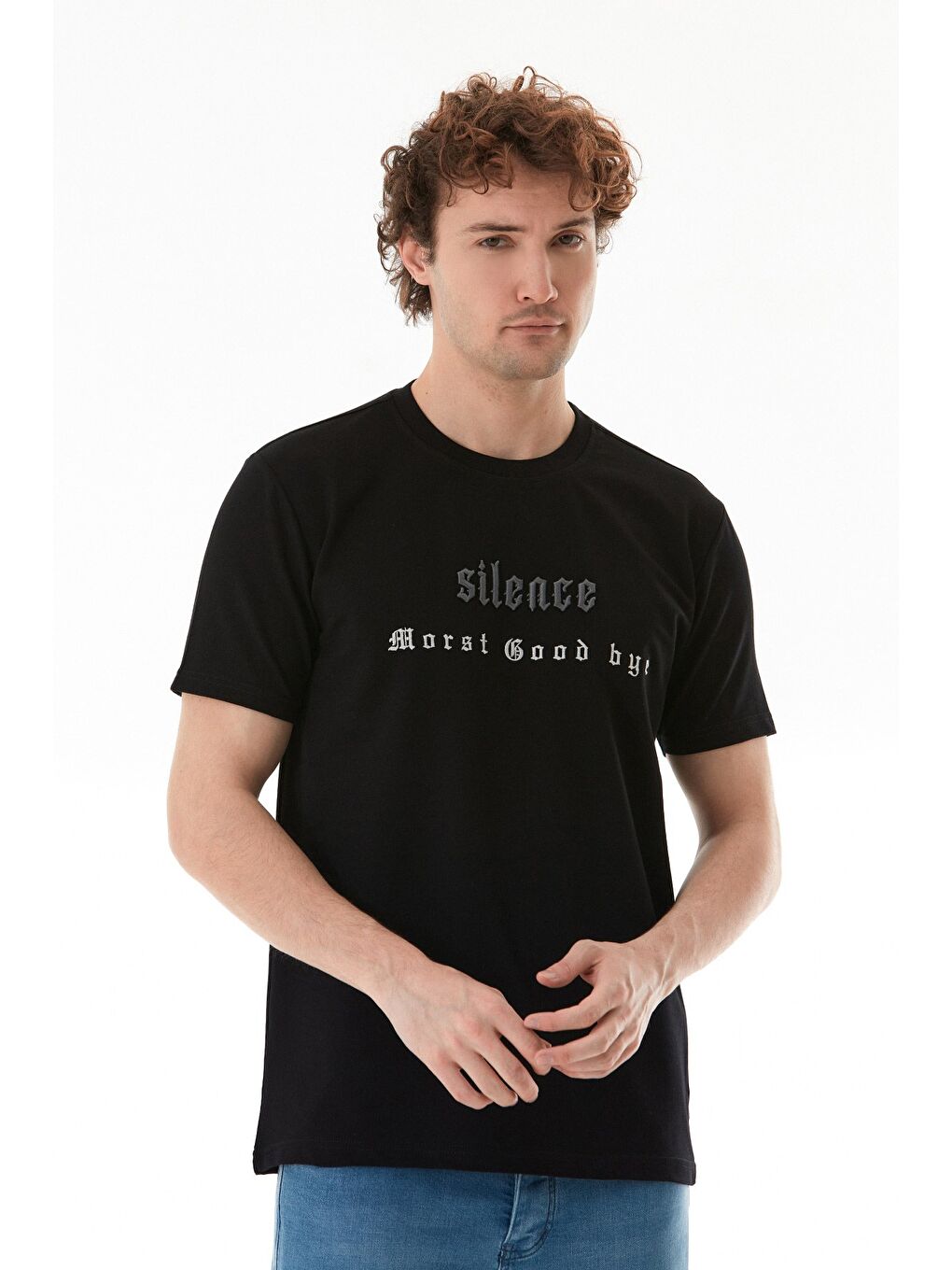 Siyah Silence Nakışlı Bisiklet Yaka Tişört