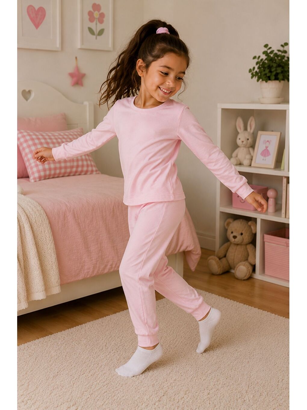 Pembe Soft Pink %100 Pamuk Basic Kız Çocuk Pijama Takımı-5