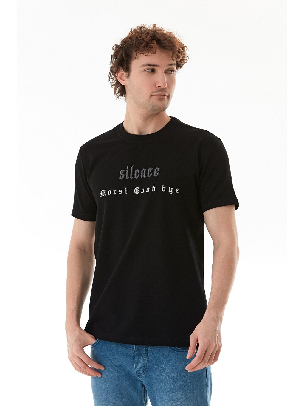 Siyah Silence Nakışlı Bisiklet Yaka Tişört-3