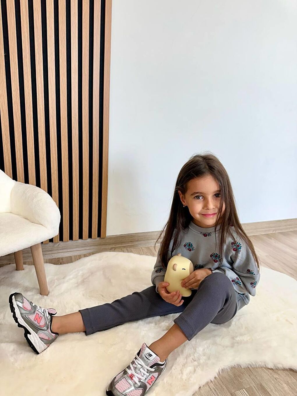 Karışık Kız Çocuk Pamuklu Gri Çiçek Desenli Sweatshirt & Tayt Takım-1