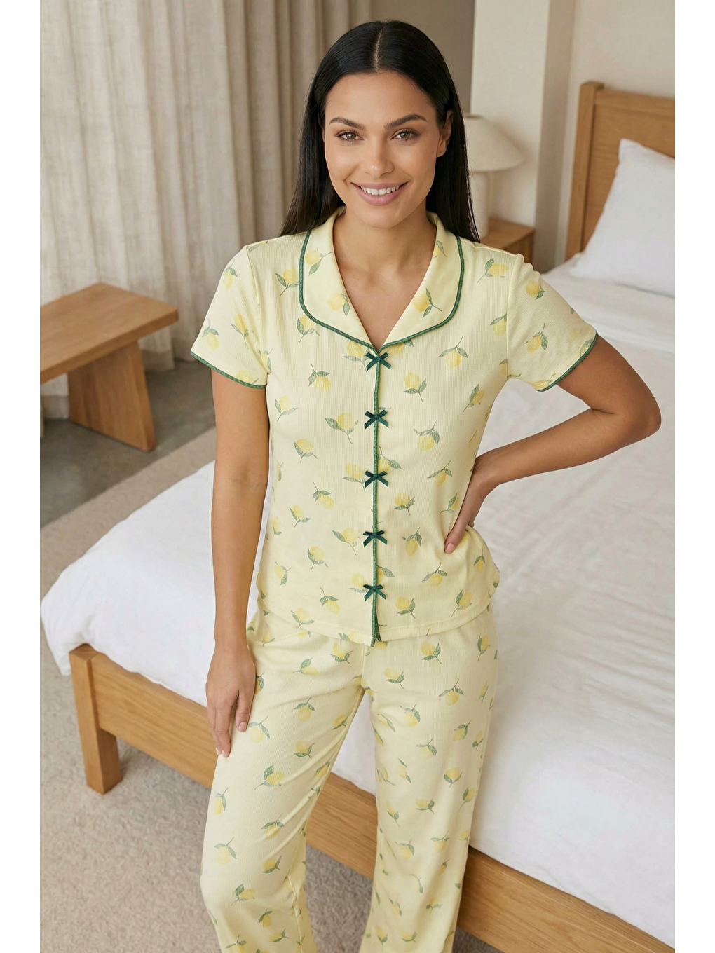 Sarı Fiyonk Detay Yumuşak Kısa Kol Pijama Takım Limon-3