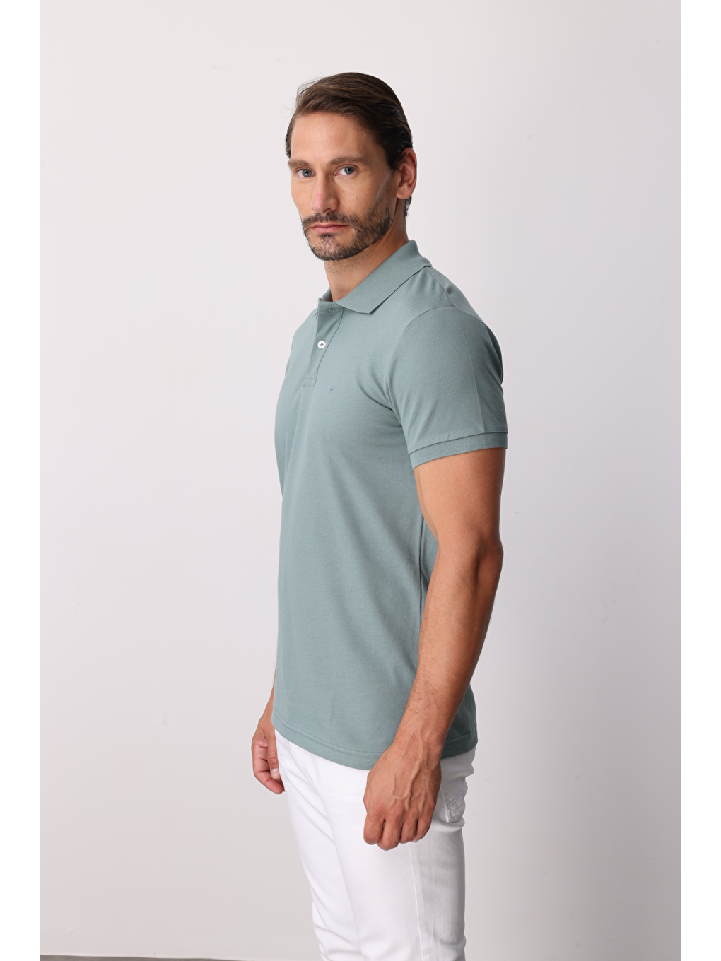 Açık Yeşil Modern Fit Dar Kalıp Polo Yaka Düz Kısa Kollu %100 Pamuk Tişört-1