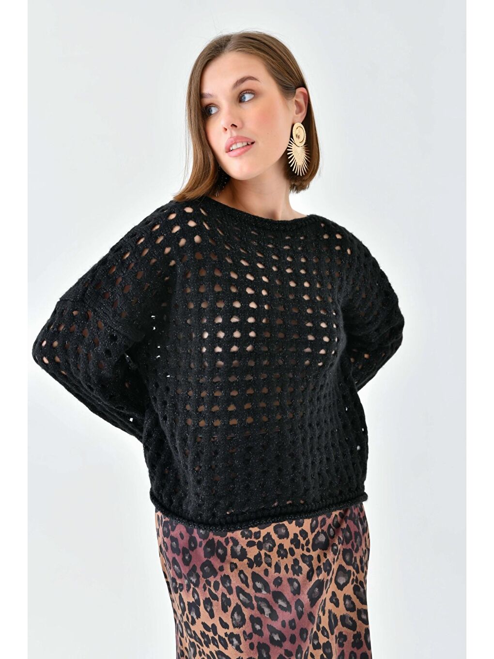 Siyah Simli Örgü Detaylı Oversize Bisiklet Yaka Triko Kazak-2