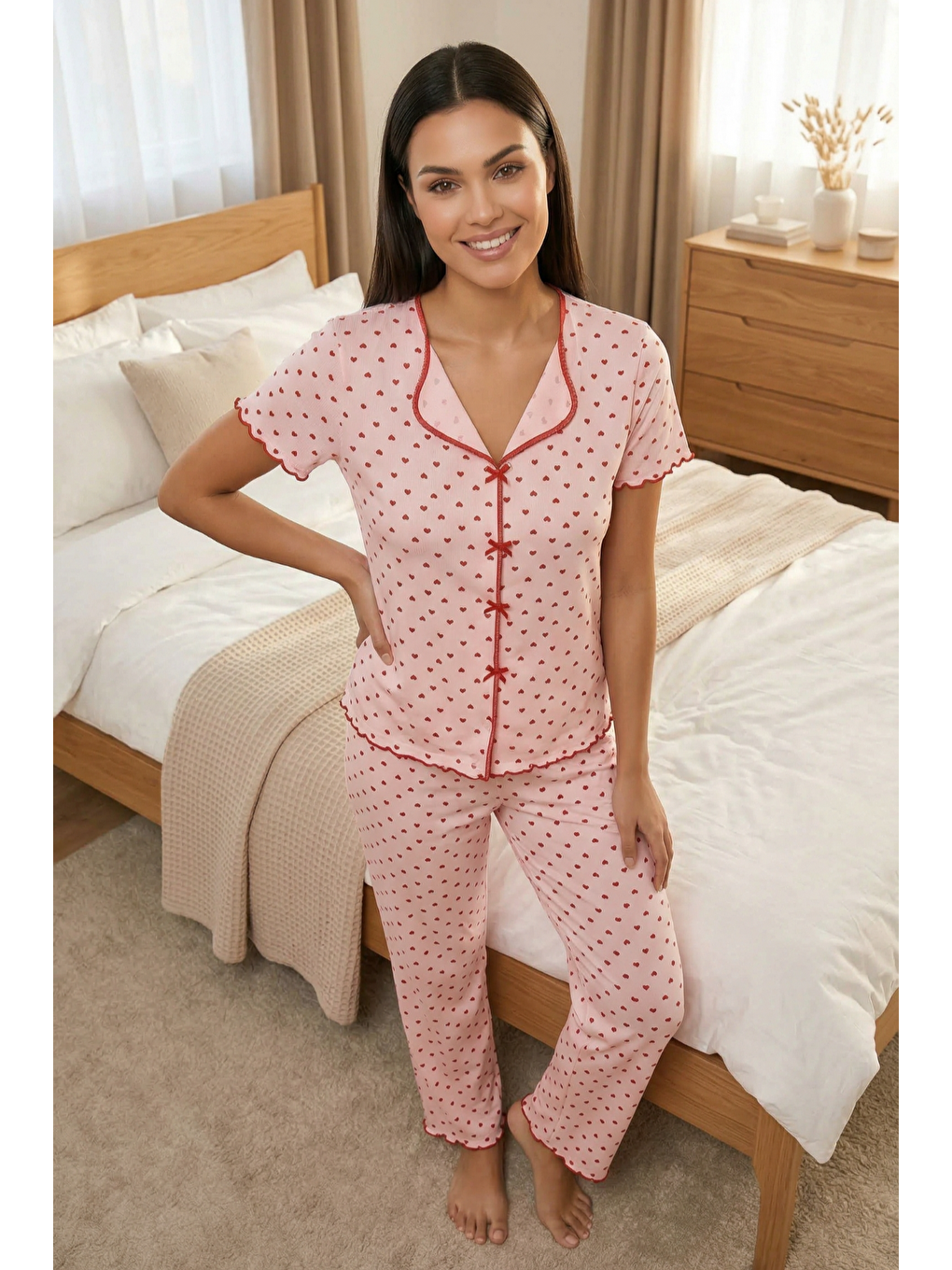 Fiyonk Detay Yumuşak Kısa Kol Pijama Takım Pembe Kalp-2