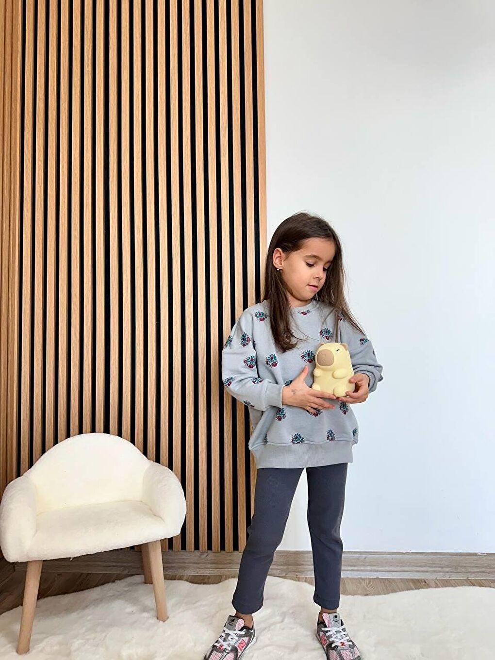 Karışık Kız Çocuk Pamuklu Gri Çiçek Desenli Sweatshirt & Tayt Takım-2