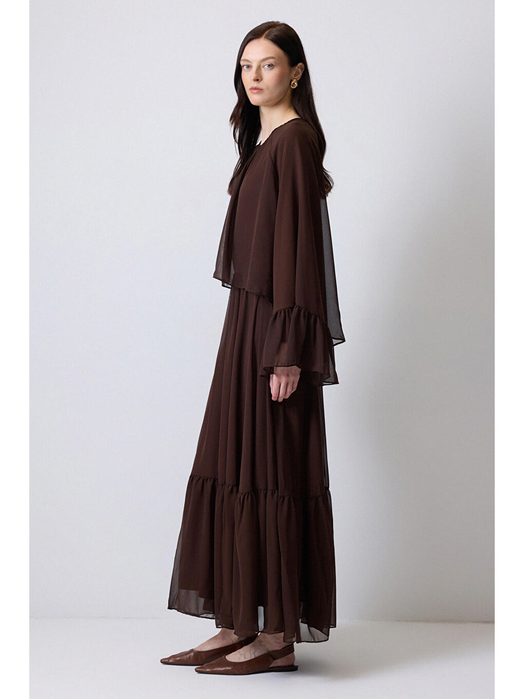 Kahverengi Volanlı Şifon Elbise-1