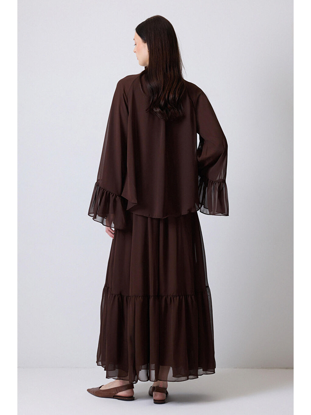 Kahverengi Volanlı Şifon Elbise-2