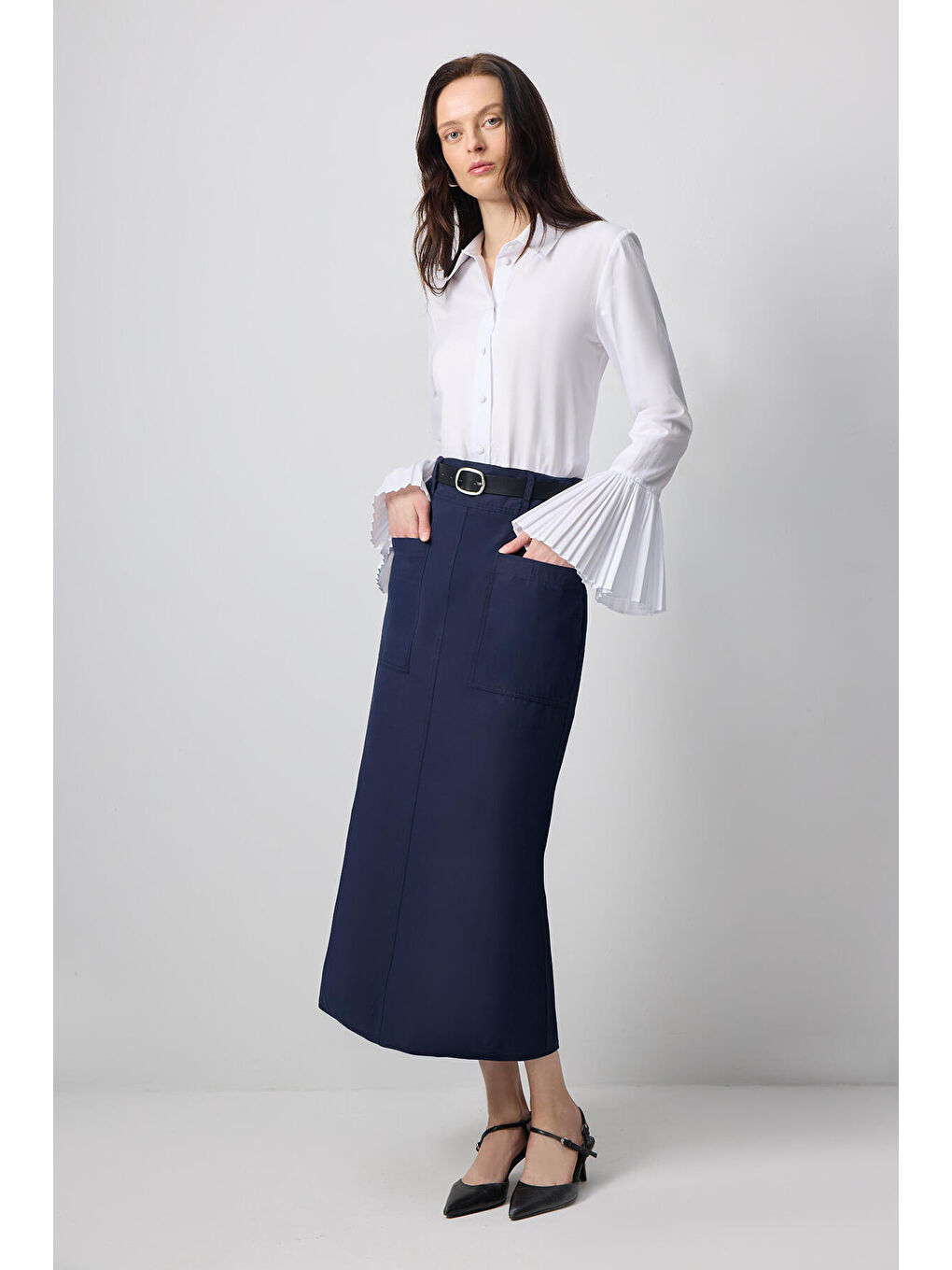 Beyaz Pileli Manşet Gömlek Body