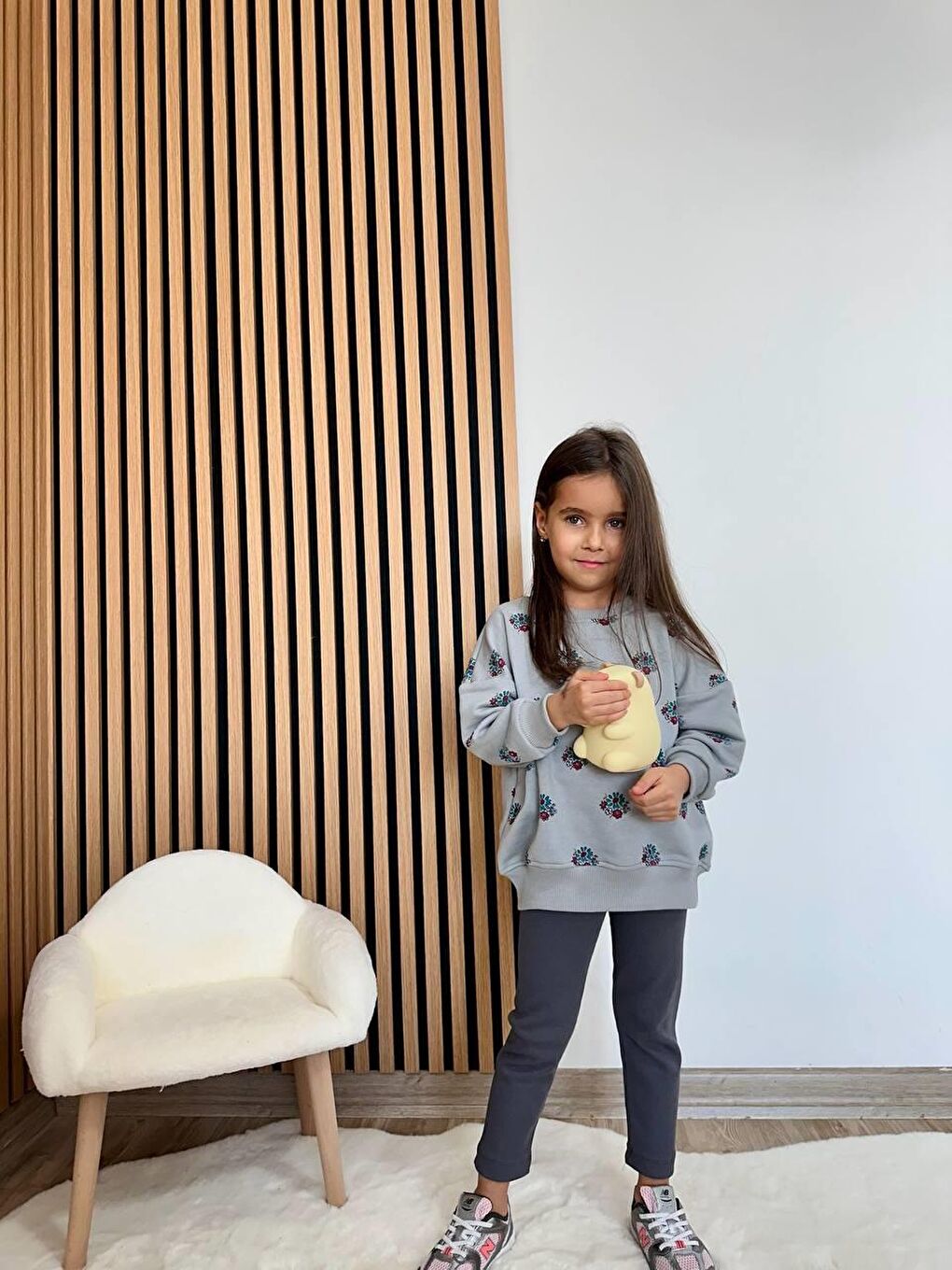 Karışık Kız Çocuk Pamuklu Gri Çiçek Desenli Sweatshirt & Tayt Takım-3