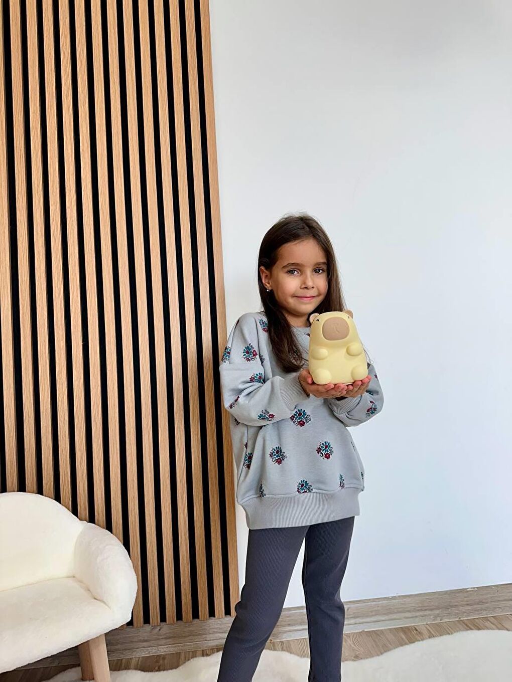 Karışık Kız Çocuk Pamuklu Gri Çiçek Desenli Sweatshirt & Tayt Takım-4