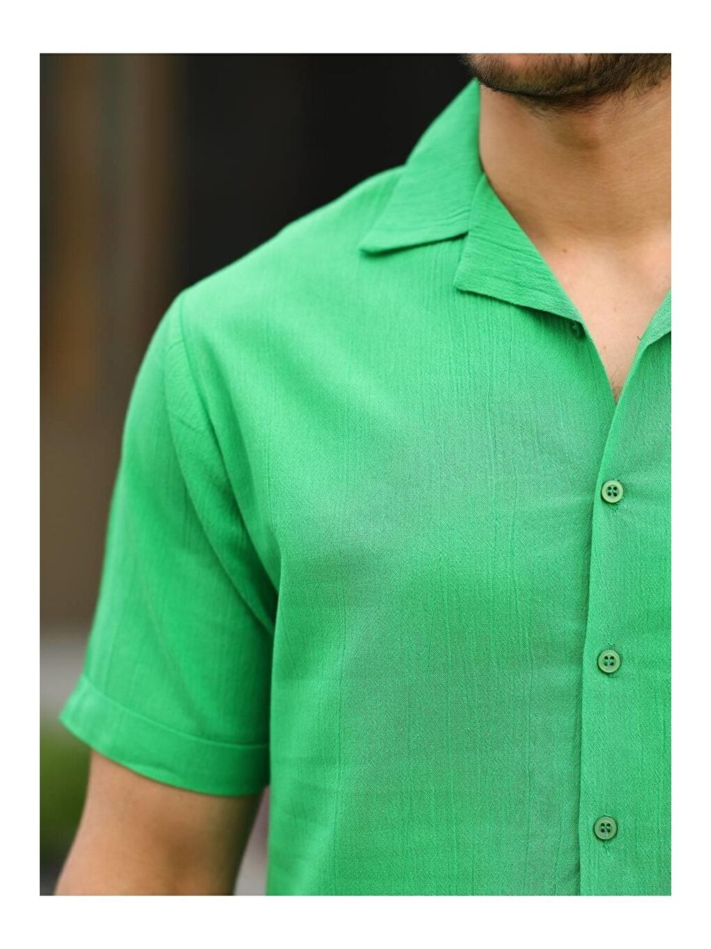 Yeşil Erkek Keten Kumaş Kısa Kollu Şal Yaka Gömlek-1