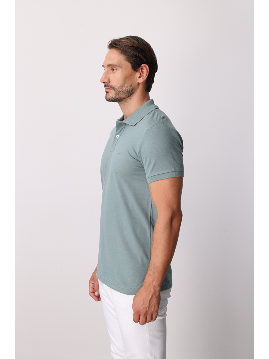 Açık Yeşil Modern Fit Dar Kalıp Polo Yaka Düz Kısa Kollu %100 Pamuk Tişört-3