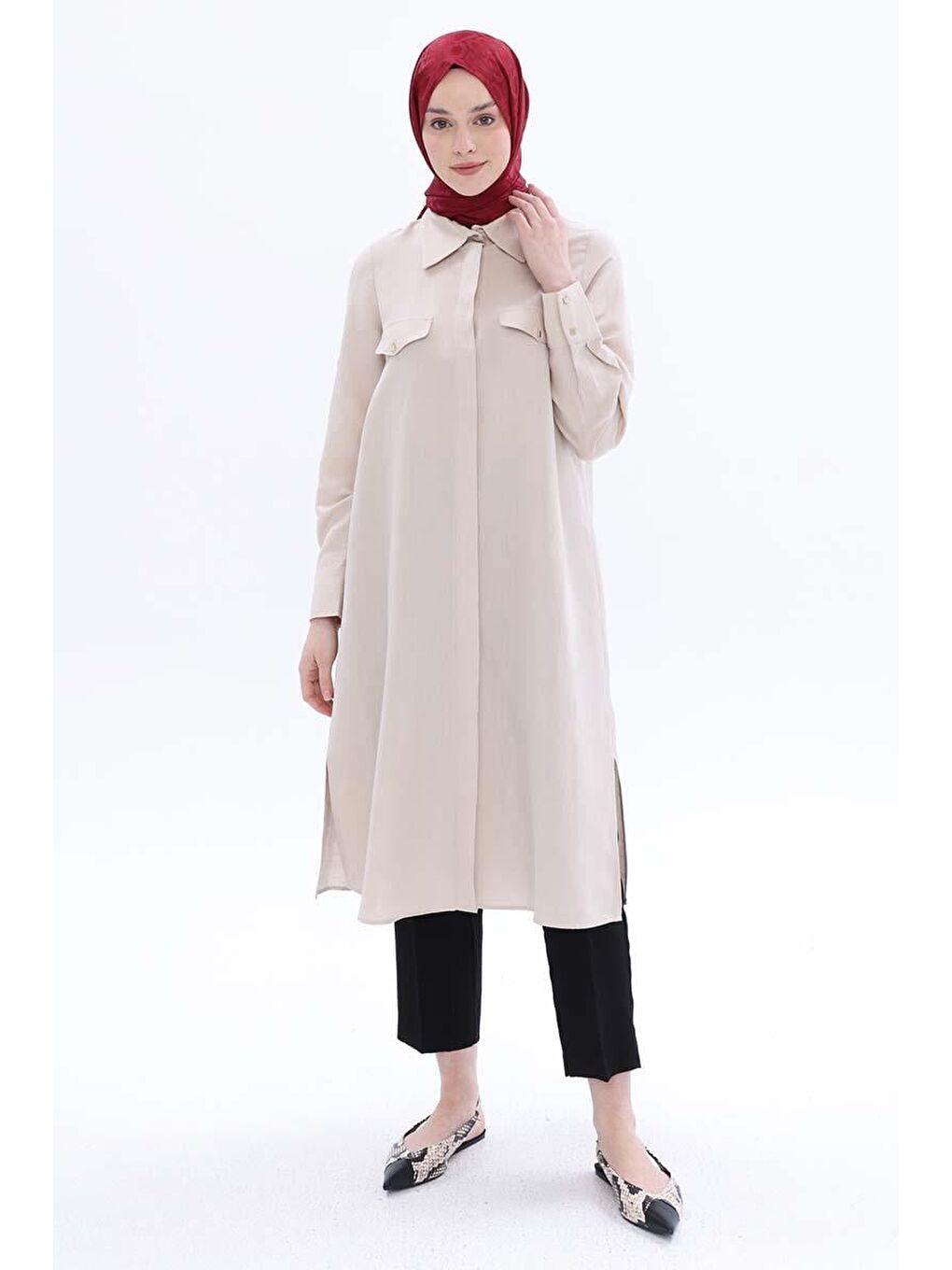 Bej-Yırtmaçlı Keten Gömlek Tunik