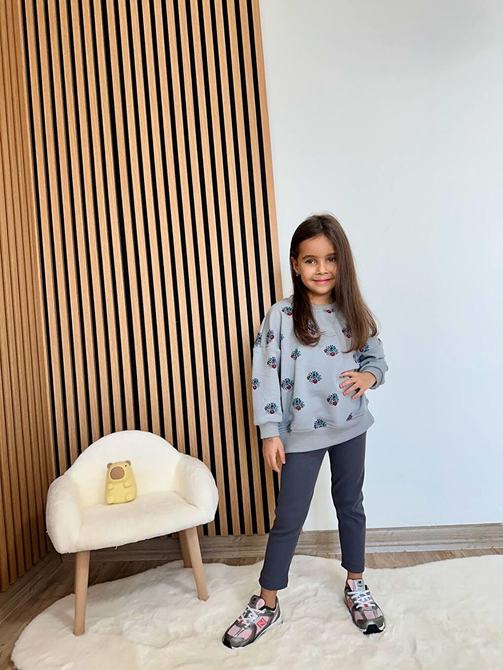Karışık Kız Çocuk Pamuklu Gri Çiçek Desenli Sweatshirt & Tayt Takım-5