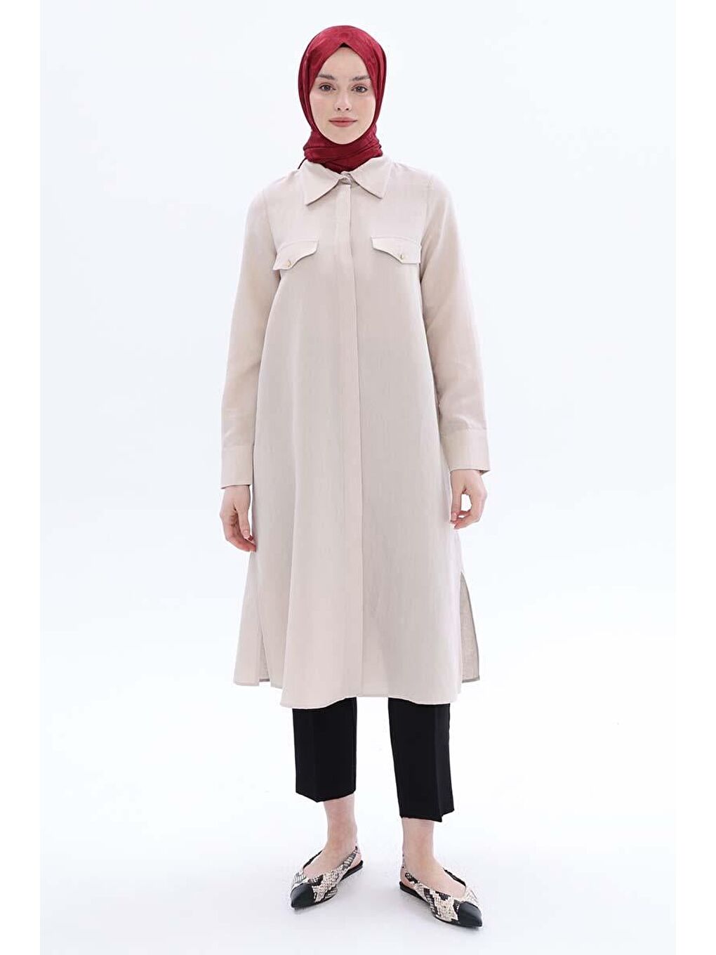 Bej-Yırtmaçlı Keten Gömlek Tunik-1