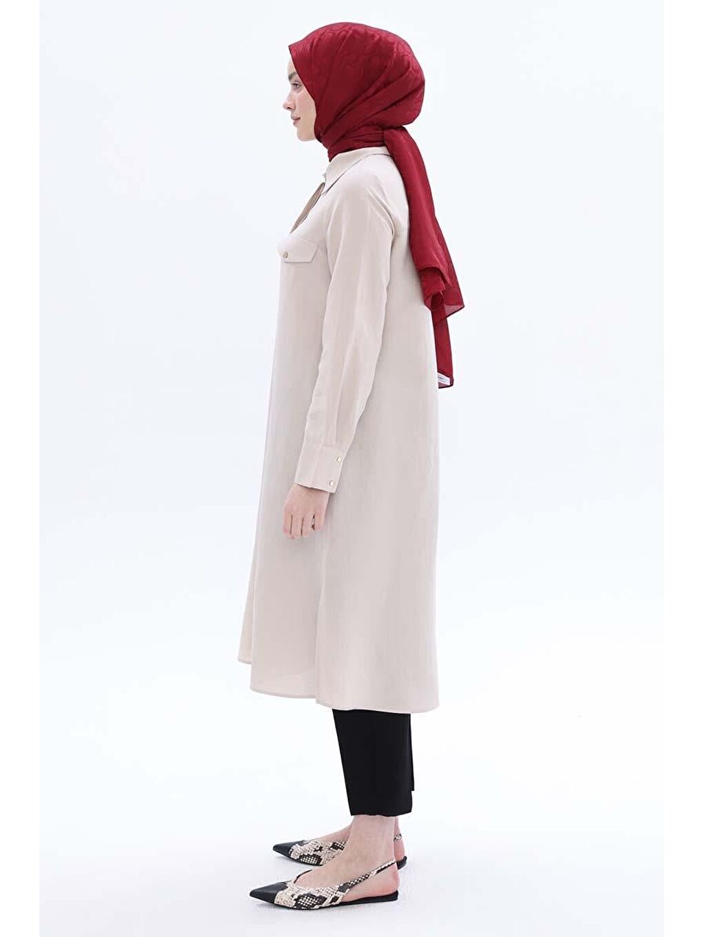 Bej-Yırtmaçlı Keten Gömlek Tunik-2