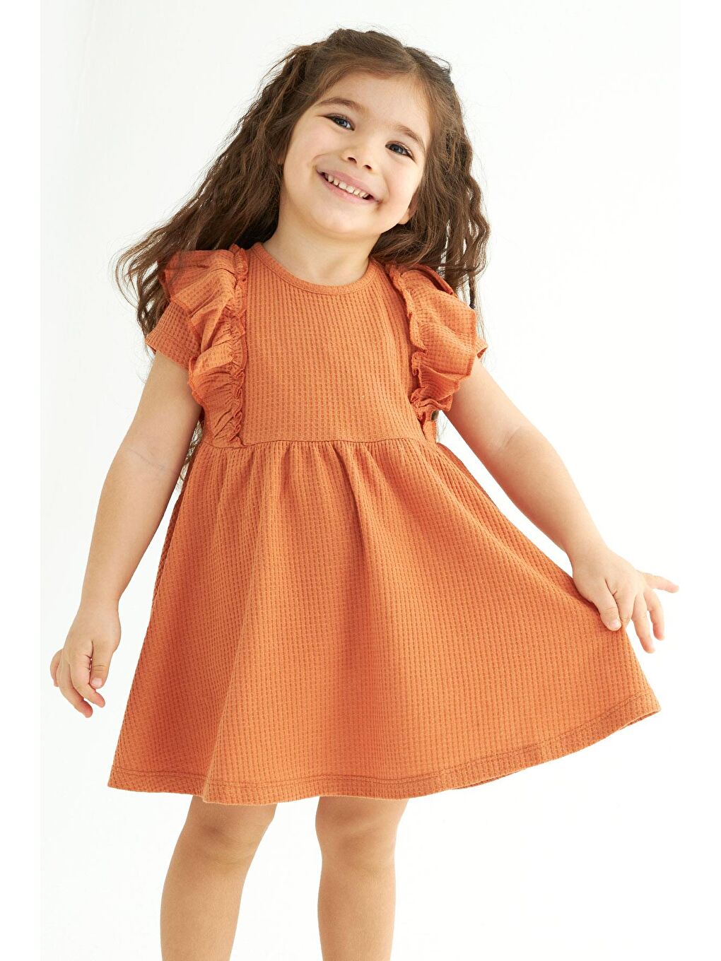 Kahverengi Bisiklet Yaka Fırfırlı Beli Büzgülü Kiremit Renk Kız Çocuk Elbise
