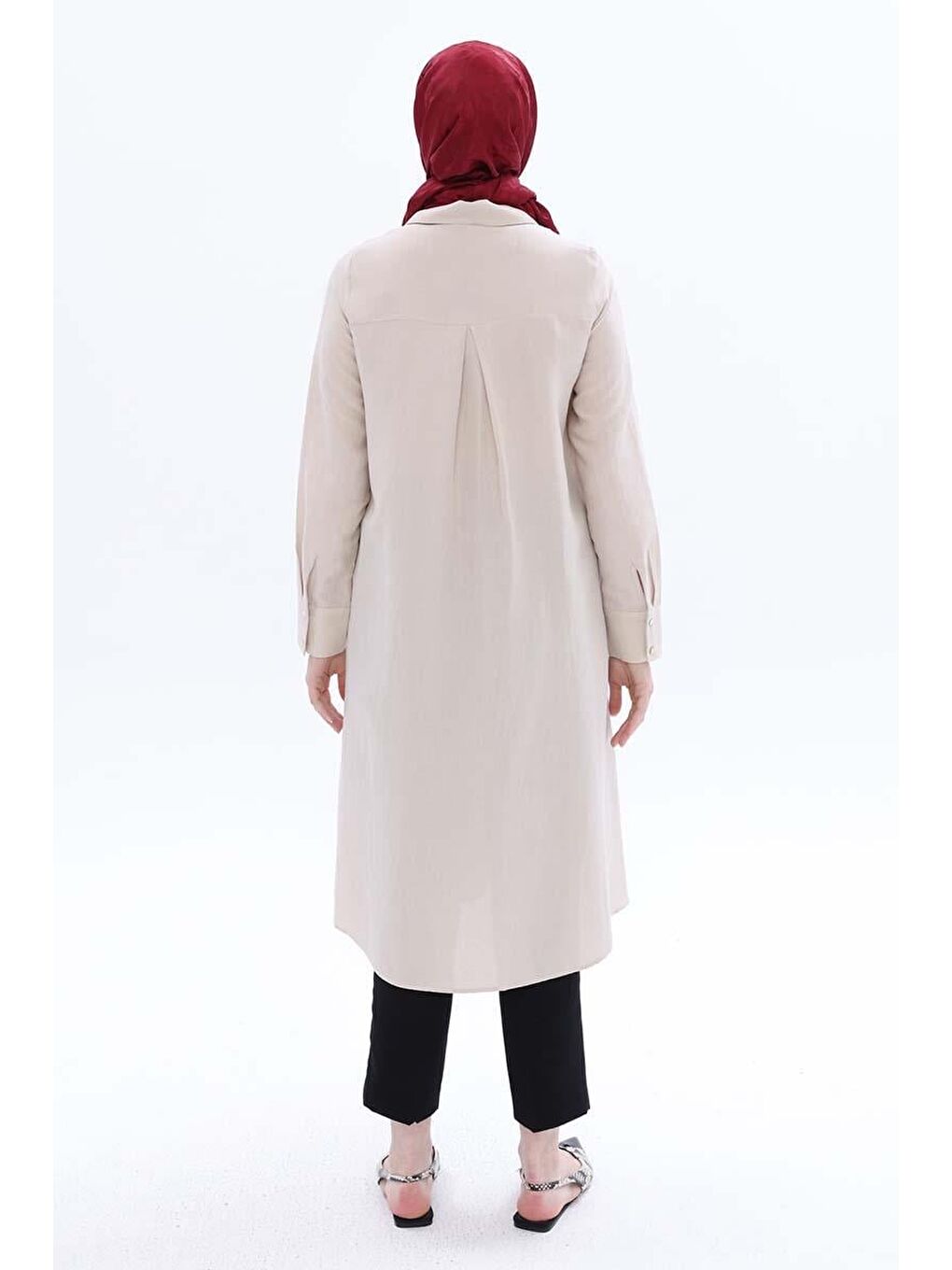 Bej-Yırtmaçlı Keten Gömlek Tunik-3